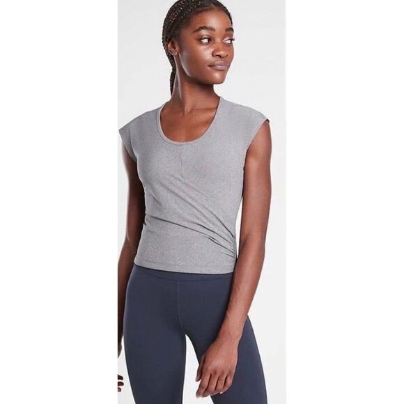 Athleta Bayview Tee Shirt Gray Short Sleeve‎ Faux Wrap Workout Top Women’s Large - Picture 1 of 7